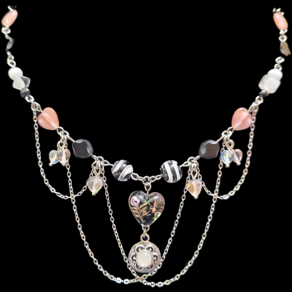 Chic Silver and Pink Heart Charm Necklace